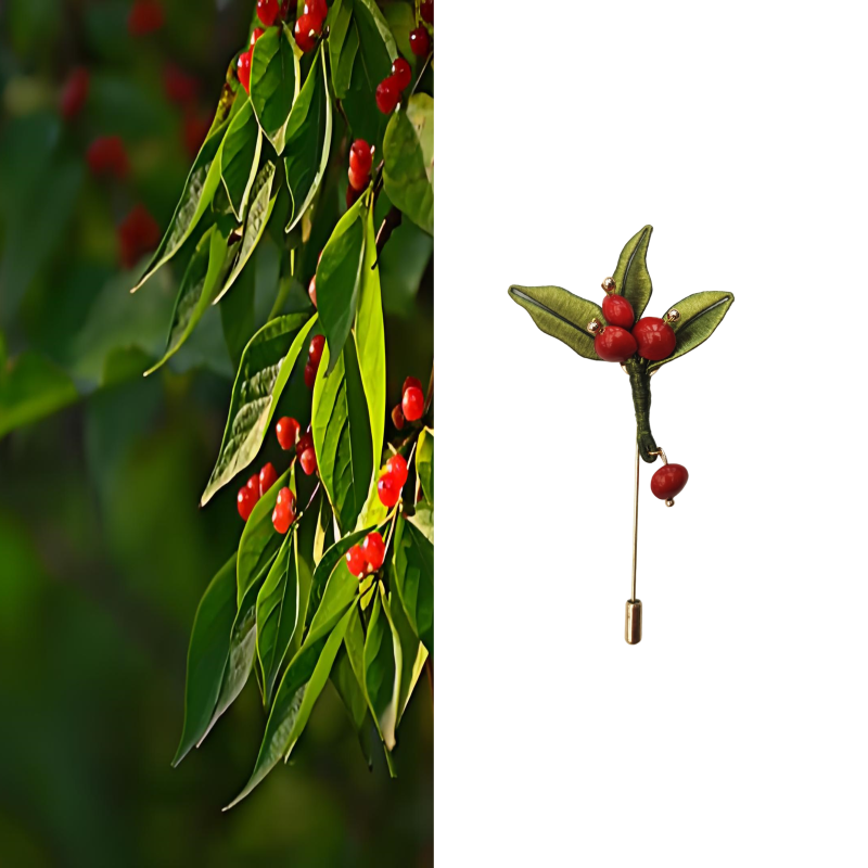 Chanhua Red Bean Brooch - Three Leaves